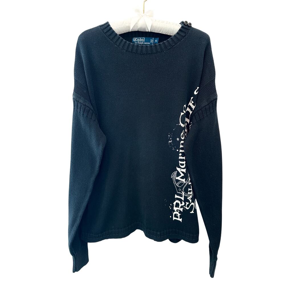 POLO RALPH LAUREN Pima Cotton Sweater Navy PRL Marine Co Sailing Graphic | XL